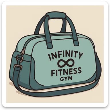 modern gym bag with 'Infinity Fitness Gym' printed on it, minimal flat style, clean and professional look sticker