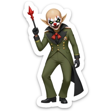 evil clown, bald, small black satan horns on forehead, fangs, pointed ears, eye patch over one eye, black and military green leisure suit with bellbottom pants, realistically proportioned, less bulky, full body, battle-ready fighting posture sticker