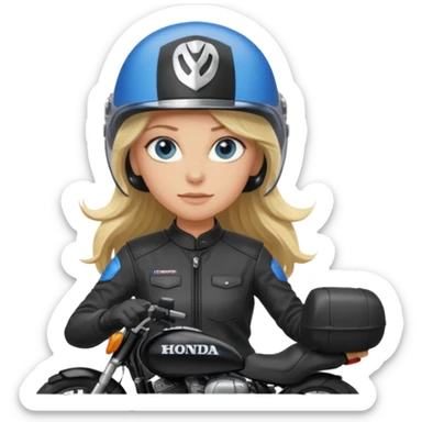 moça loira de cabelo comprido e olhos azuis com capacete em moto honda 150 preta sticker