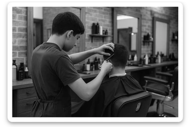 yuzi ko'rinmasin sartaroshxonada ishlayotganini tasvirlab ber mijozlarni sochini olayotganini o'smirin davrini sticker