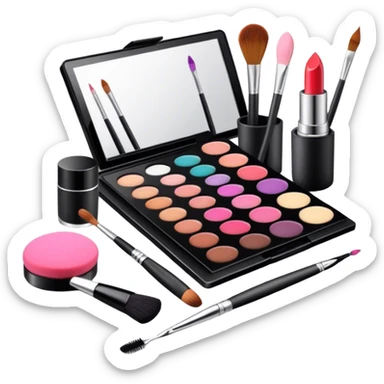 icon featuring professional makeup brushes, a high-quality lipstick, a big sleek eyeshadow palette, a makeup sponge and a set of tools like tweezers and eyeliner pencil. The design highlights the precision and artistry of makeup with detailed textures and realistic lighting. Transparent background. sticker