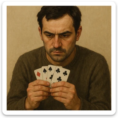a durak card player, focused, holding cards close, simple background sticker