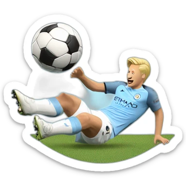 Haaland scoring a goal and the ball being the Manchester City logo sticker