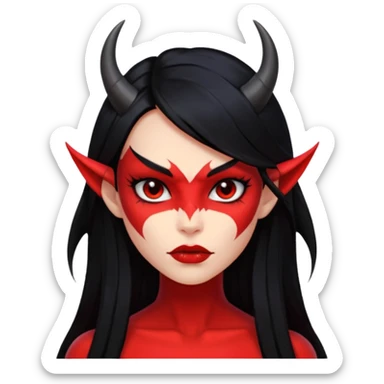 Head only demon girl, strong pronounced cheekbones, sharp angular jawline, skin fully pure red everywhere, long straight sleek black hair, small ho sticker