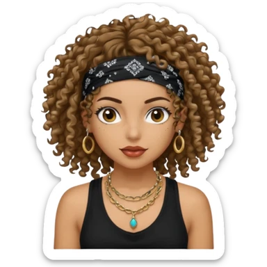 Baddie girl with black  tank top curly hairss and bandana and jwellery sticker