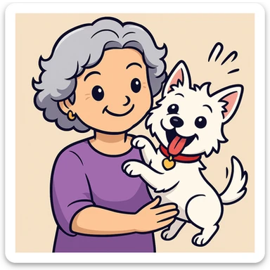 Make the Westie dog playful, with a fun pose or playful expression, keep the 50-year-old lady with silver curly hair smiling (originally sticker style) sticker