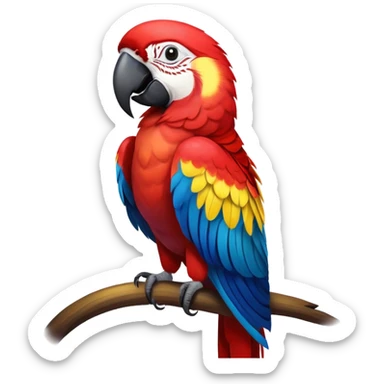 cinematic-macaw-realistic-full-body-standing-emoji,-vibrant-feathers-glowing-with-rich-reds,-blues,-and-yellows,-head-tilted-dramatically,-curved-black and white-beak-gleaming,-piercing-dark-eyes-exuding-confidence,-simplified-yet-realistic-focused sticker