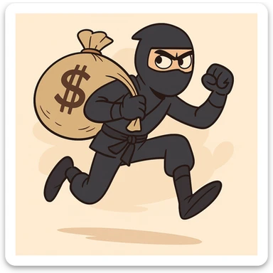a stealthy ninja carrying a sack of cash, energetic, minimal background sticker