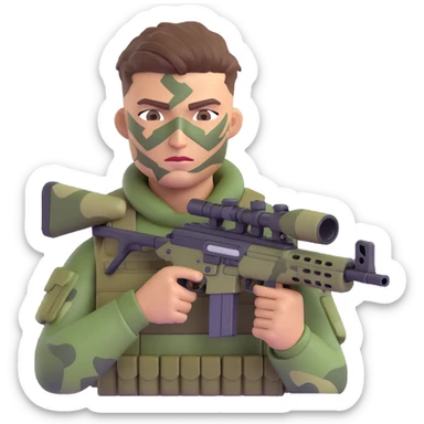 Add camouflage face paint to the muscular soldier, keep the cool hairstyle and sniper rifle, preserve 3D emoji style, no background. sticker