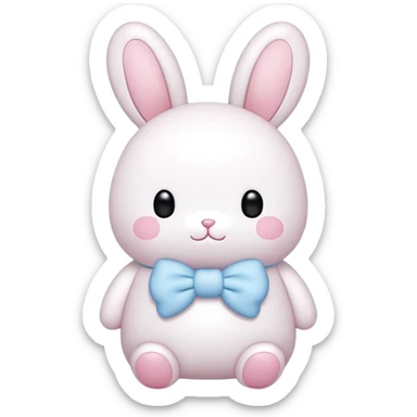 A fat bunny in authentic Sanrio style exactly like Hello Kitty and My Melody, super simplified features, extremely kawaii, tiny body with oversized head, minimal dot eyes, no nose, tiny simple mouth, pastel pink and baby blue colors, clean bold black outlines sticker