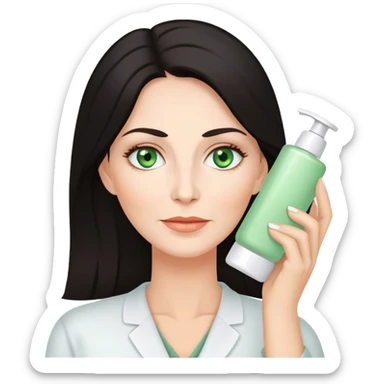 50 year old woman doing skincare, white skin dark hair, green eyes sticker