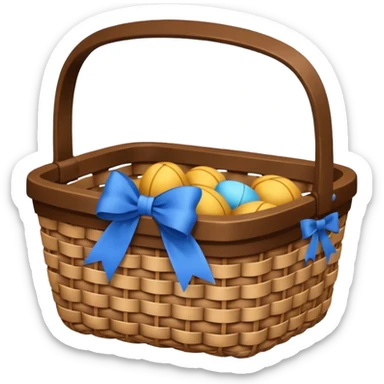 A basket with a blue ribbon on the handle sticker