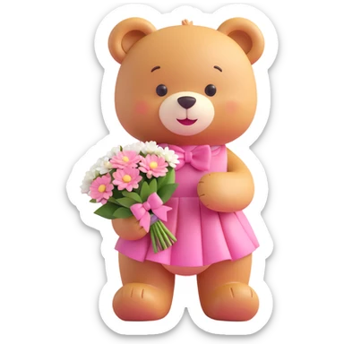 A cute teddy bear with a pink bow on its head, holding a bouquet of white flowers, in a 3D iOS Disney style, with a soft pink background and hearts floating around, wearing a pink dress, a big smile, and a cute blush on its cheeks. sticker