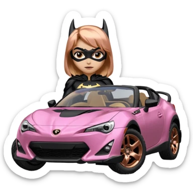Relaxed adult Batgirl’s full reality crime fighting themed Satin black and rose gold painted Scion FR-S pursuit vehicle hot rod off road capable  sticker