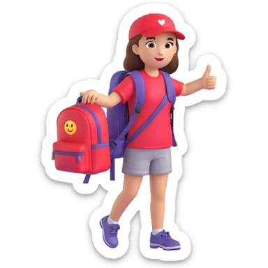young girl with red backpack, left hand pointing up to the left, emoji style sticker