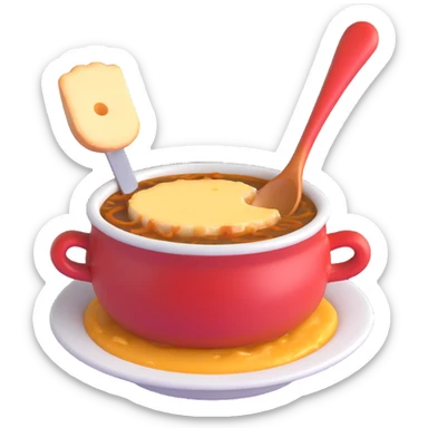 french onion soup with a spoon, cheese stretching sticker