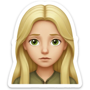 blonde with long hair and swamp-colored eyes, thoughtful expression, iOS Apple emoji style sticker