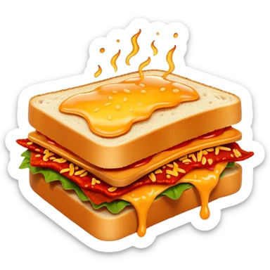 extra spicy sucuk sandwich object icon, crispy toasted bread, lots of spicy sucuk slices, dripping melted cheese, hot chili sauce, red pepper flakes, spicy steam effect, 3D cartoon, mobile game icon style, clean background, no text, no watermark
 sticker