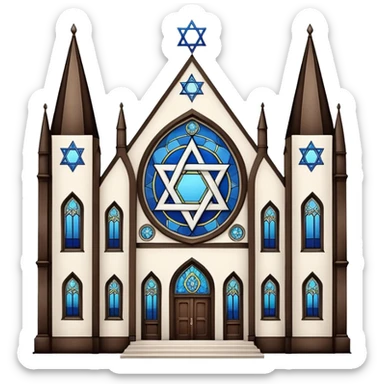 reform jewish synagogue similar in architecture to historical religious architecture in europe. the building should be white in color, featuring gothic architectural elements and star of david. avoid christian symbols. the emoji should be in ios emoji style. sticker
