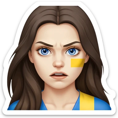 Brunette woman with long hair, Ukrainian flag (blue and yellow) painted on her cheek, angry expression sticker