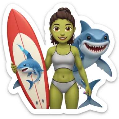 orc female holds a little surfboard with a shark painted vertically in his hands sticker