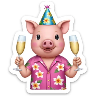 Pig with aloha shirt, birthday hat, champagne glass sticker