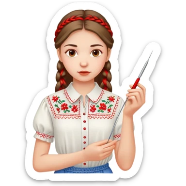 A young Ukrainian girl in a white embroidered shirt holds a red thread and a needle in her hand sticker