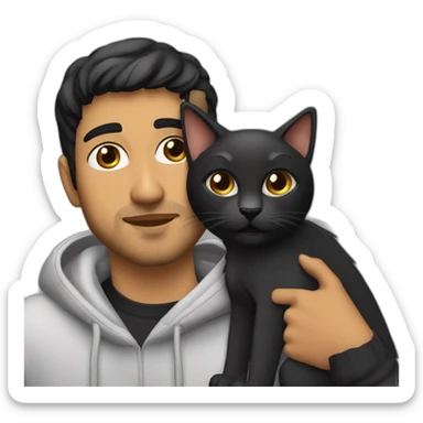 olive skin man with cat on lap with short beard hazel eyes and black hair wearing hoodie sticker