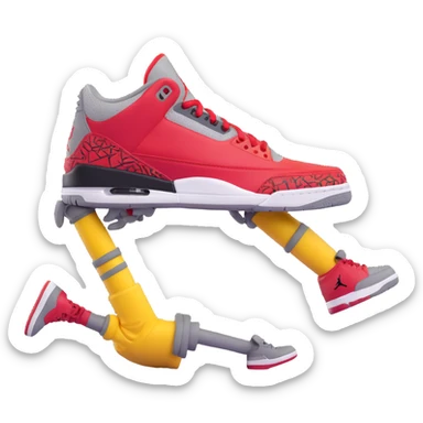 Transform the red Air Jordan 3 shoe into a 3D emoji character similar to the green one. Add yellow cartoon arms and legs in a playful pose. Keep the 'We The Best' tag visible and maintain the red, black, and cement grey colors. sticker