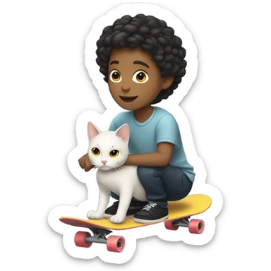 White and Asian boy with middle part on a skateboard with a cat sticker