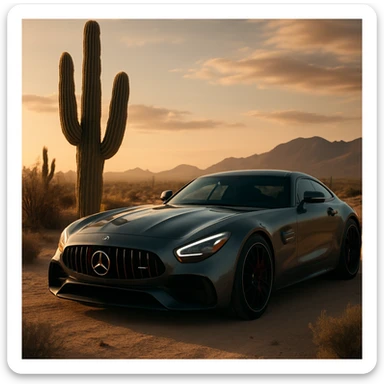 mercedes amg on desert next to cactus faun, cinematic sticker