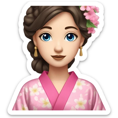 cute brunette girl with blue eyes in pink flower kimono sticker