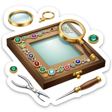 Create an icon that represents the art of jewelry making. The design should include a jeweler's workbench, tools like pliers, a magnifying glass, and various precious materials such as gemstones, gold, and silver. Feature a partially crafted piece of jewelry, like a ring or necklace, showcasing intricate details and craftsmanship. The composition should evoke elegance and precision, reflecting the skill and artistry of jewelry making. The background should be transparent. sticker