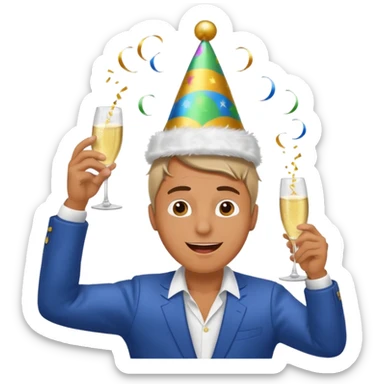 An energetic man throws his head back, drinking champagne loudly as the New Year begins. sticker