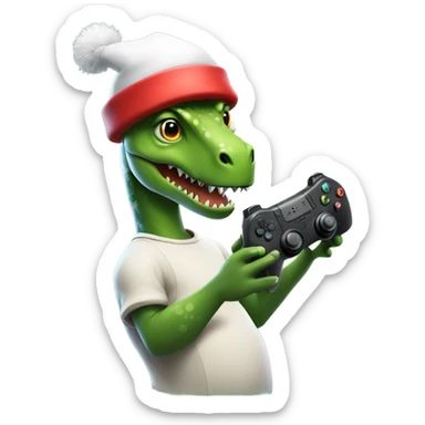 Dinosaur playing Fortnite with a Santa hat ￼ sticker