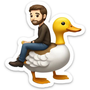 White Man with dark brown hair and a short beard riding on the back of a giant duck sticker