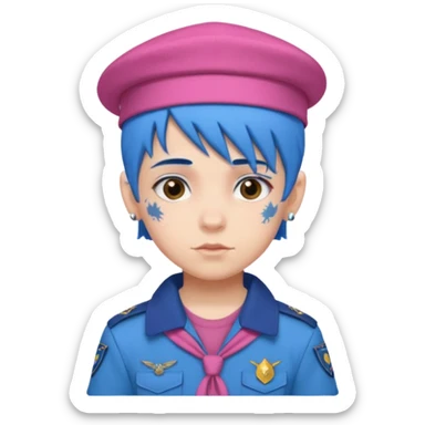 scout boy with very pink scout uniform, blue haired and hat, tattoed sticker