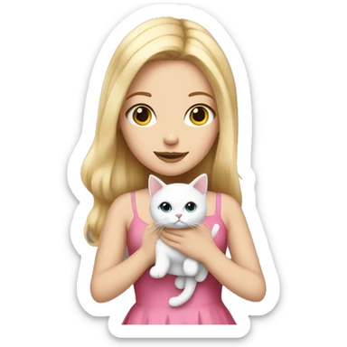 A white girl blonde hair with a pink dress holding a white cat sticker