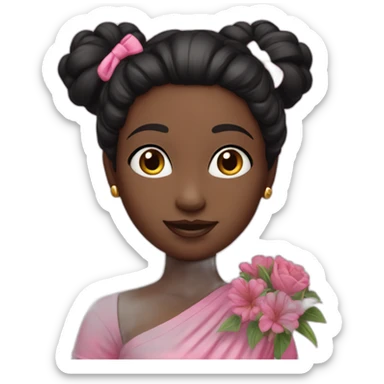 white skin girl- black hair one bun - wearing crazy pink cloth -holding bouquet sticker