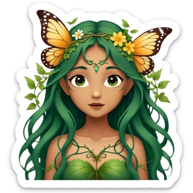 Cinematic Realistic Forest Nymph Fairy portrait, with butterfly wings and depicted with lifelike, sun-kissed tanned skin that radiates an earthy glow, softly illuminated by natural, dappled light. Her long, flowing dark green hair is intricately detailed and interwoven with delicate vines and wildflowers, while her deep, soulful eyes mirror the wisdom of the forest. Dressed in an attire inspired by nature’s palette—with subtle botanical motifs—the portrait exudes a soft, enchanted glow that melds realism with woodland magic. sticker