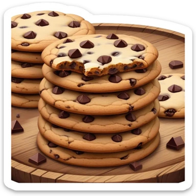 Cinematic crunchy chocolate chip cookies, freshly baked, golden-brown with gooey melted chocolate chunks, stacked on a rustic wooden plate, soft warm lighting, cozy and delicious. sticker