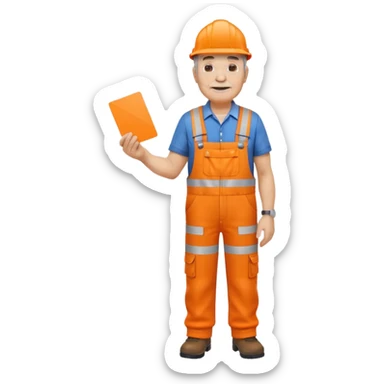 older engineer hi-vis orange overalls standing full body holding a card sticker