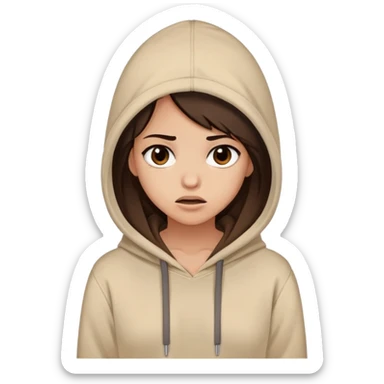 A girl in a beige hoodie with dark brown hair with a facial expression "what the fuck?" sticker