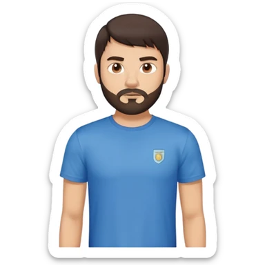 Argentine male with straight dark brown hair and bangs, short complete beard, serious neutral face, wearing plain blue t-shirt sticker