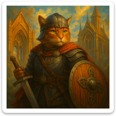 Remove the horns from the Viking helmet on the ginger cat while keeping the Valhalla background intact. Maintain the epic and heroic style of the image. sticker