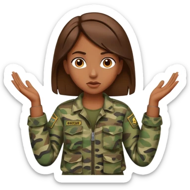 brown-skinned girl in camouflage, brown hair, shrugging sticker