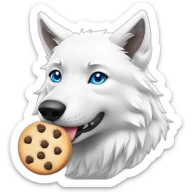A cute white wolf with blue eyes, eating a single delicious cookie sticker