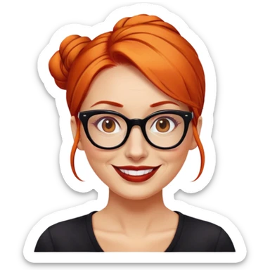 nữ 40 tuổi, da trắng,môi đỏ thẫm, tóc búi gọn gàng màu cam, đeo kính đen, mặt cười tươi, hơi có nếp nhăn, áo đen sticker