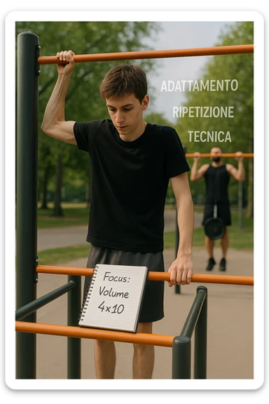Giovane atleta principiante, fisico asciutto ma non muscoloso, si allena in uno street park con sbarra e parallele. Sta eseguendo serie lunghe di trazioni a corpo libero, concentrato sulla tecnica e sul controllo. Vicino a lui si vede un block notes con scritto a penna 'Focus: Volume, 4x10', mentre in lontananza un altro atleta molto più grosso fa una singola ripetizione con zavorra pesante. Il neofita guarda il suo diario, non gli altri. L’ambiente è sereno, luce naturale, atmosfera di crescita e disciplina. Sullo sfondo si intravedono i concetti scritti in aria con stile metaforico: 'Adattamento', 'Ripetizione', 'Tecnica', fluttuanti accanto a lui sticker