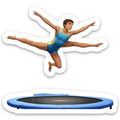 An athletic person soaring high above a trampoline, executing an acrobatic flip with perfect form. The scene captures motion and energy, with a dynamic pose, stretched limbs, and a focused expression. The background suggests a professional trampoline arena with safety padding. sticker